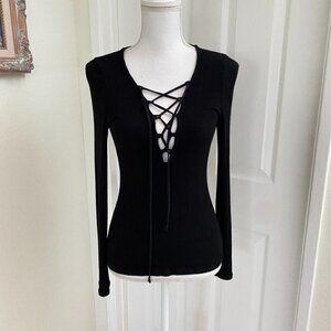Project Social T x Urban Outfitters Sz Med Black Ribbed Long Sleeve Lace Up Top